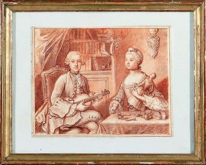 ÉCOLE FRANCAISE du XVIIIe siècle Un frère et une soeur dans un intérieur, lui jouant...