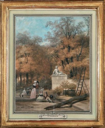 Louis GADBOIS (1770-1826) Personnages conversant dans un parc Aquarelle. (Traces...