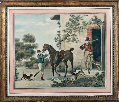 ÉCOLE FRANCAISE du XIXe siècle Chasseur se faisant apporter son cheval scellé Aquarelle...
