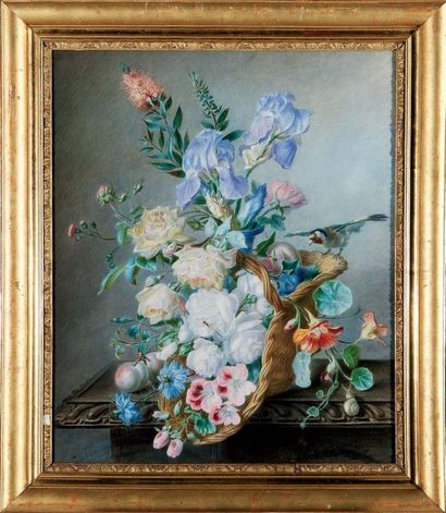 Louise LOGEROT (active 1842-1849) Corbeille de fleurs au chardonneret Aquarelle,...
