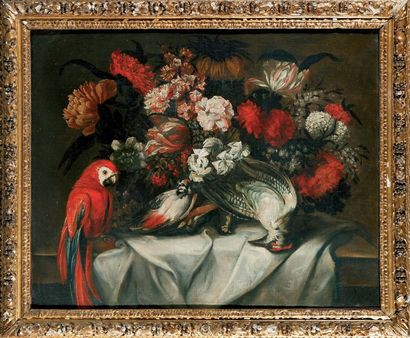 ÉCOLE FRANCAISE du XVIIe siècle Composition florale au perroquet Huile sur toile....