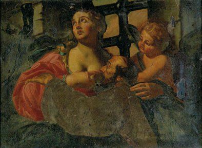 ÉCOLE ITALIENNE du XVIIe siècle La Charité Romaine Huile sur toile. (Accidents, manques,...