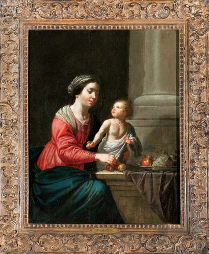 ÉCOLE FLAMANDE du XVIIe siècle attribué à J. BYLERT Vierge à l'enfant avec un plat...