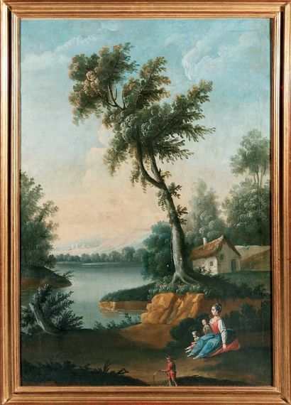 ÉCOLE FRANCAISE du XVIIIe siècle Jeune femme et ses enfants dans un paysage lacustre...