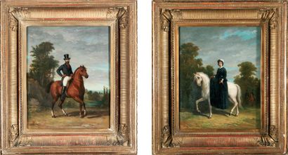 Eugène DEGAND (né en 1829) Un cavalier et une amazone Paire d'huiles sur toile signées...