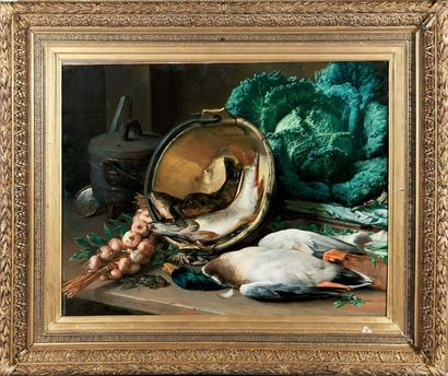 Hippolyte MICHAUD (1831-1886) Nature morte aux victuailles Huile sur toile monogrammée...