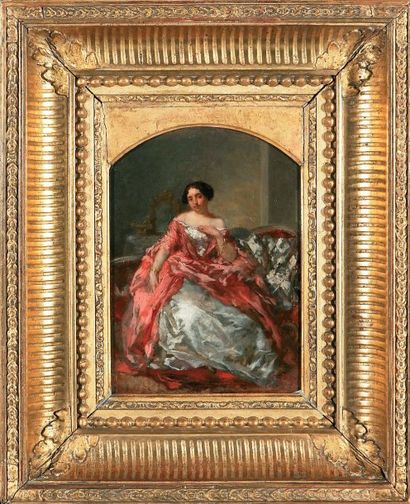 Léon COGNIET (1794-1880) Femme habillée de rose assise dans un salon Huile sur panneau...