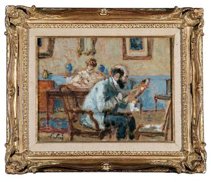 Louis SUE (1875-1968) Un peintre et sa femme écrivant Huile sur panneau de carton,...