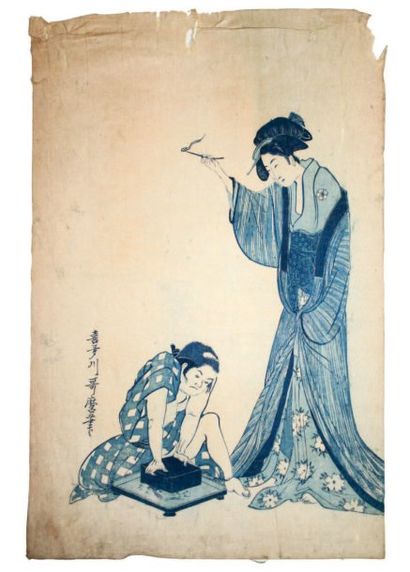 Kitagawa UTAMARO (1753-1806) Oban tate-e jeune femme tenant une allumette, un garçon...