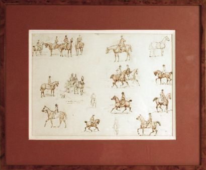 ÉCOLE FRANÇAISE du XIXe siècle Personnages à cheval, et calèches Dessin aquarellé....
