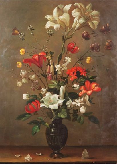 ÉCOLE ITALIENNE, dans le goût du XVIIe siècle Bouquet de fleurs dans un vase de verre...