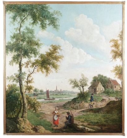 ÉCOLE HOLLANDAISE du XVIIIe siècle Paysage au chasseur avec colporteur et fermière,...