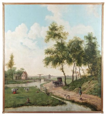 ÉCOLE HOLLANDAISE du XVIIIe siècle Paysage aux canaux avec un pont basculant, animé...
