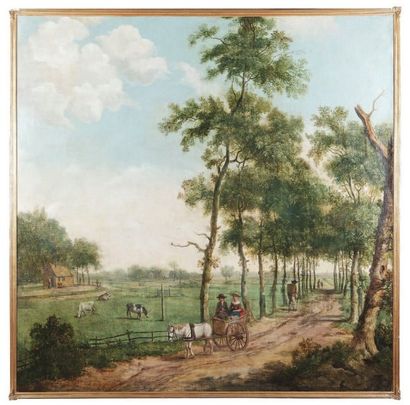 ÉCOLE HOLLANDAISE du XVIIIe siècle Paysage à la charrette et au promeneur dans une...