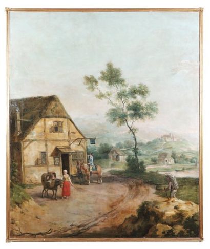 ÉCOLE HOLLANDAISE du XVIIIe siècle La halte près d'une auberge, avec une jeune femme,...