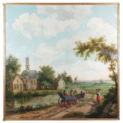 ÉCOLE HOLLANDAISE du XVIIIe siècle Paysage à la charrette et à la porteuse de pains,...