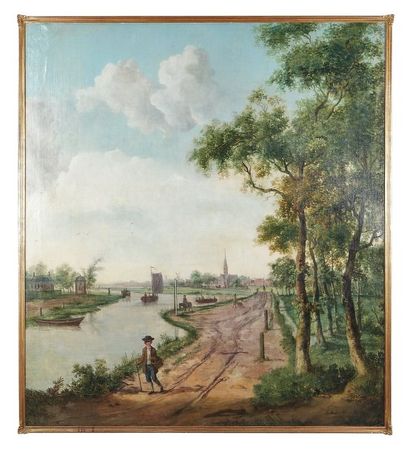 ÉCOLE HOLLANDAISE du XVIIIe siècle Paysage au promeneur au bord d'un canal; un village...
