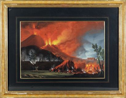 ÉCOLE NAPOLITAINE du XIXe siècle Éruption du Vésuve Gouache. Haut. : 41 cm - Larg....