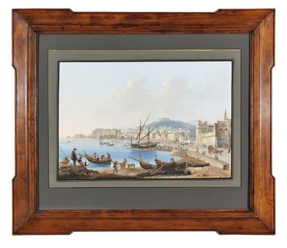 ÉCOLE NAPOLITAINE du XIXe siècle Vue du port de Naples Gouache. Haut. : 44 cm - Larg....
