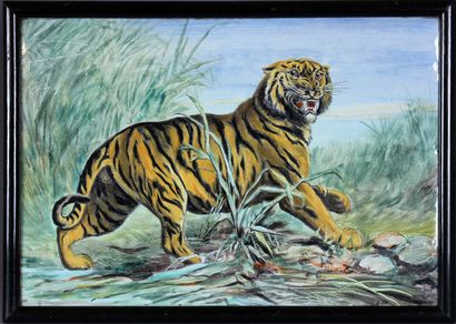 null Grande plaque en céramique à décor polychrome d'un tigre menacant dans la broussaille,...