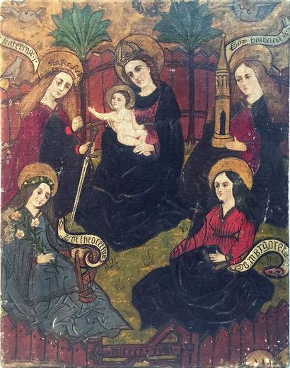 null École étrangère vers 1900
Vierge à l'enfant entourée de quatres saintes
Huile...