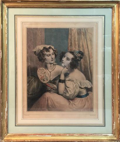 null D'après DEVARIA par LEMERCIER
Deux jeunes femmes
Lithographie couleurs, XIXème...