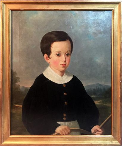 null ÉCOLE FRANCAISE DU MILIEU DU XIXe SIÈCLE 
Portrait de jeune garçon au cerceau
Huile...