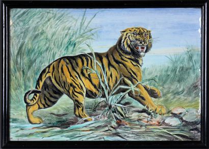 null Grande PLAQUE en céramique à décor polychrome d'un tigre menaçant dans la broussaille,...