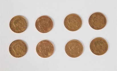 null Lot de huit pièces or de 20 FF (Napoléon III pour 5, Coq pour 2 et Louis Napoléon...