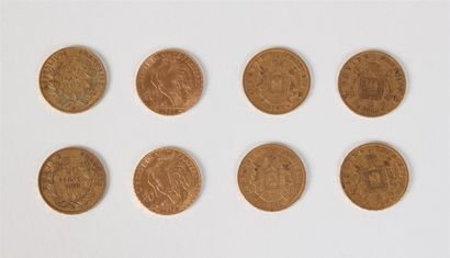 null Lot de huit pièces or de 20 FF (Napoléon III pour 5, Coq pour 2 et Louis Napoléon...