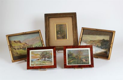 null Charles QUEILLE (XIX-XXème siècle)
Paysages
Quatre huiles sur carton, signées
10,5...