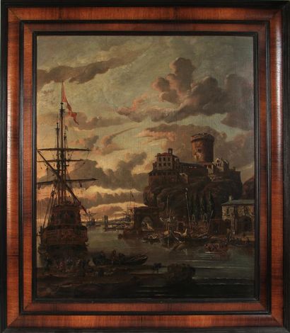 null Abraham Jansz STORCK (vers 1635-1710)
Vue d'un port
Huile sur toile, signée...