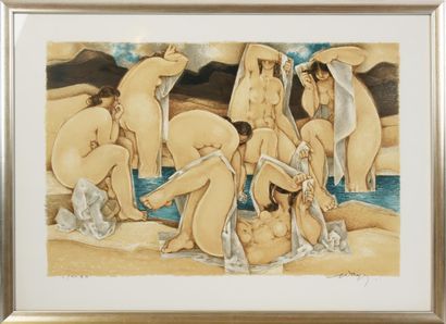 null ÉCOLE FRANÇAISE DU XXe SIÈCLE
Les baigneuses
Lithographie couleur signée et...