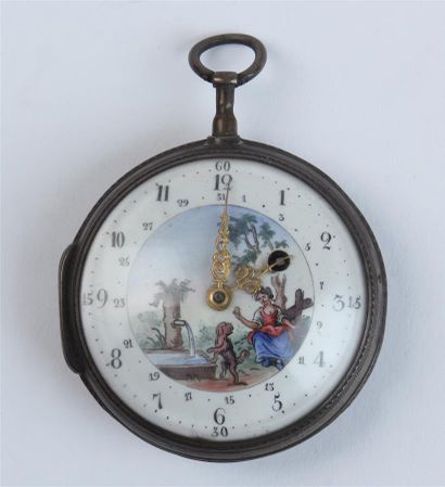 null MONTRE À COQ en argent, cadran émaillé polychrome (acc) à décor d'une bergère...