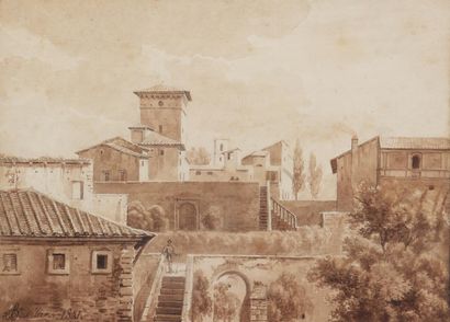 null ANTOINE FÉLIX BOISSELIER (1790-1857)
Village animé
Encre, plume et lavis brun...