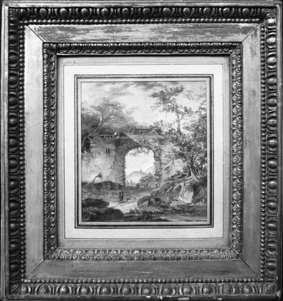 ÉCOLE FRANÇAISE du XVIIIe siècle Paysage de fantaisie aux ruines animées Gouache....