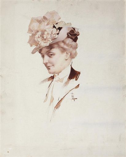 null ÉCOLE FRANÇAISE VERS 1900
Buste de femme au chapeau, de profil
Huile sur toile...