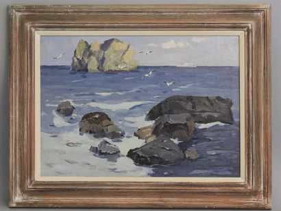 null ÉCOLE RUSSE DU XXe SIÈCLE 
Rochers en mer
Huile sur toile
Haut. 48 cm - Larg....