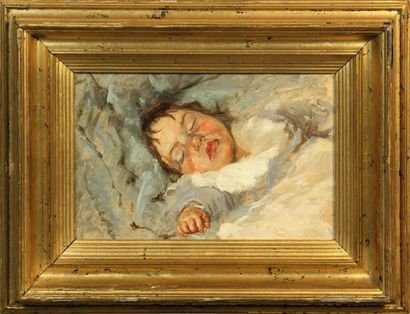 null ÉCOLE FRANÇAISE VERS 1900
Portrait d'enfant endormi
Huile sur toile 
Haut. 21...
