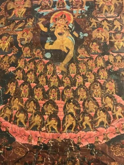 null Deux TANGKAS à décor de divinités bouddhiques, détrempes sur toile
Tibet, XXe...