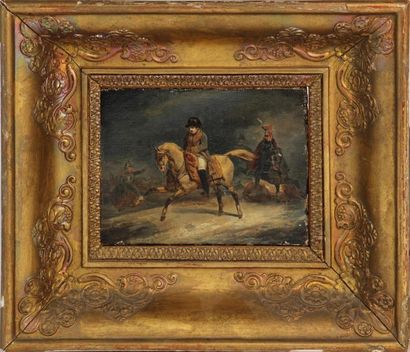 null ÉCOLE FRANÇAISE VERS 1820, ENTOURAGE D' EUGÈNE LAMI 
Napoléon à cheval 
Huile...