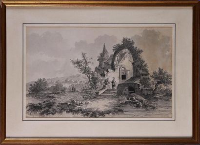 null L. LESUEUR
Bergère dans un paysage
Pierre noire, lavis, signé et daté 1789 en...
