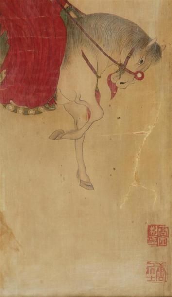 null CHINE - XIXe siècle
Encre polychrome sur soie, jeune femme mongole à cheval...