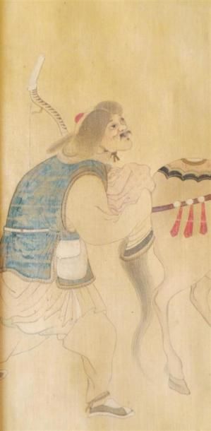 null CHINE - XIXe siècle
Encre polychrome sur soie, jeune femme mongole à cheval...