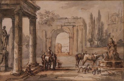 null JEAN-BAPTISTE LALLEMAND (1710-1803)
Halte de cavalier dans des ruines romaines
Plume...