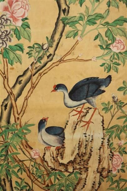 null CHINE - XIXe SIÈCLE
Cinq panneaux de papiers peints
Gouache sur papier
Couples...