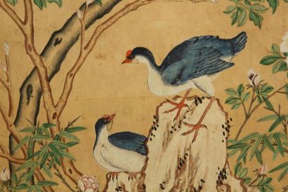 null CHINE - XIXe SIÈCLE
Cinq panneaux de papiers peints
Gouache sur papier
Couples...