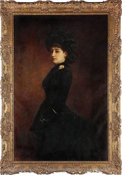 Jeanne PHILIPPAR, XIXe-XXe siècle UNE ÉLÉGANTE EN NOIR, DE TROIS-QUARTS Huile sur...