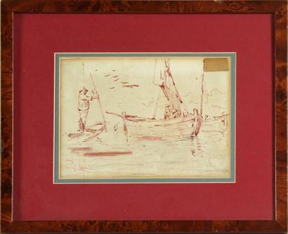 null VINCENZO CAPRILE (1856-1936)
Pêcheurs sur la lagune de Venise
Encre rouge, signée...