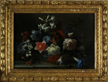 null NICOLAS BAUDESSON (1611-1680)
Corbeilles de fleurs sur un entablement 
Paire...